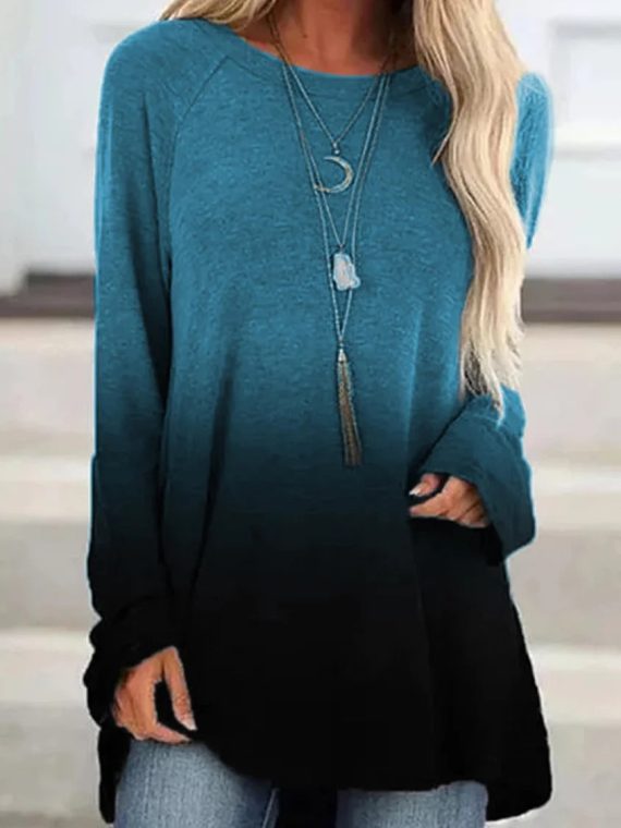 Blue Casual Round Neck Ombre Long Sleeve Sweatshirts