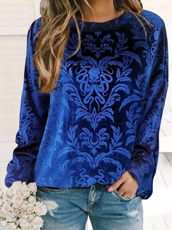 Deep Blue Casual Round Neck Printed Long Sleeve Sweatshirts