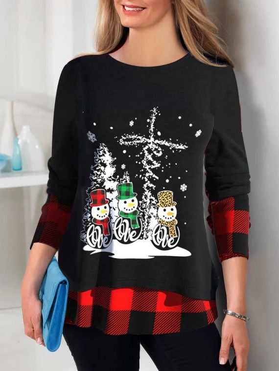 Black Casual Round Neck Snowman Printed Long Sleeve Sweatshirts