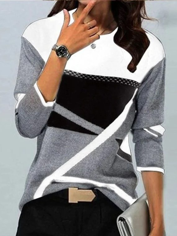 Black-White Casual Round Neck Color Block Long Sleeve Sweatshirts