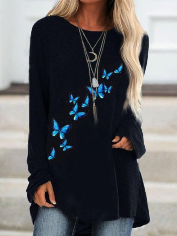 Black Casual Round Neck Butterfly Printed Long Sleeve Sweatshirts