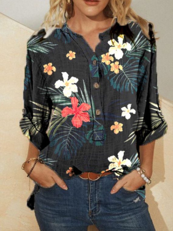 Black Casual V Neck Floral Printed Long Sleeve Blouse