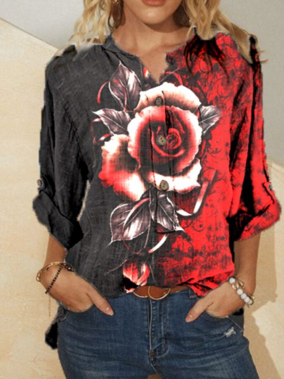 Colorful Casual V Neck Floral Printed Long Sleeve Blouse