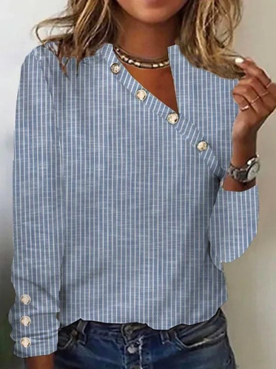 Casual V Neck Stripe Printed Long Sleeve Blouse