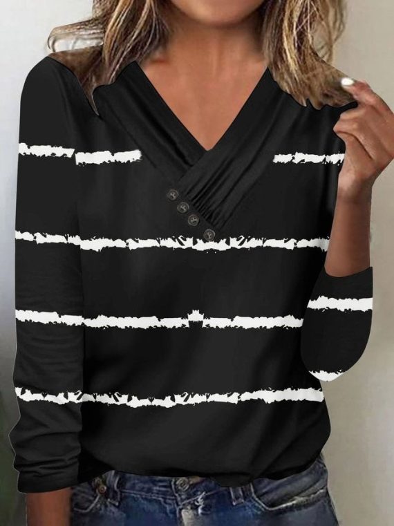 Black Casual V Neck Stripe Printed Long Sleeve Blouse