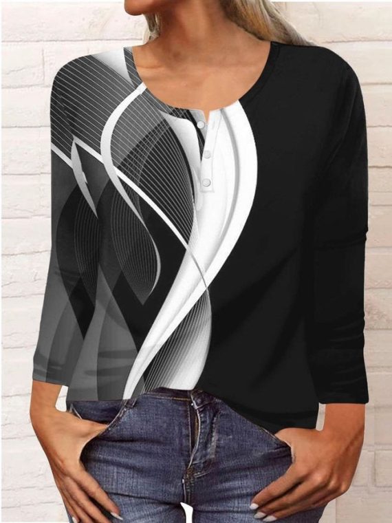 Black-white Casual Round Neck Daily Long Sleeve Blouse