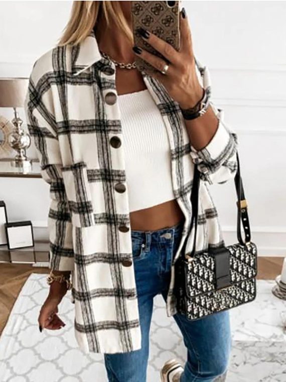 Black Casual Collared Plaid Long Sleeve Jacket
