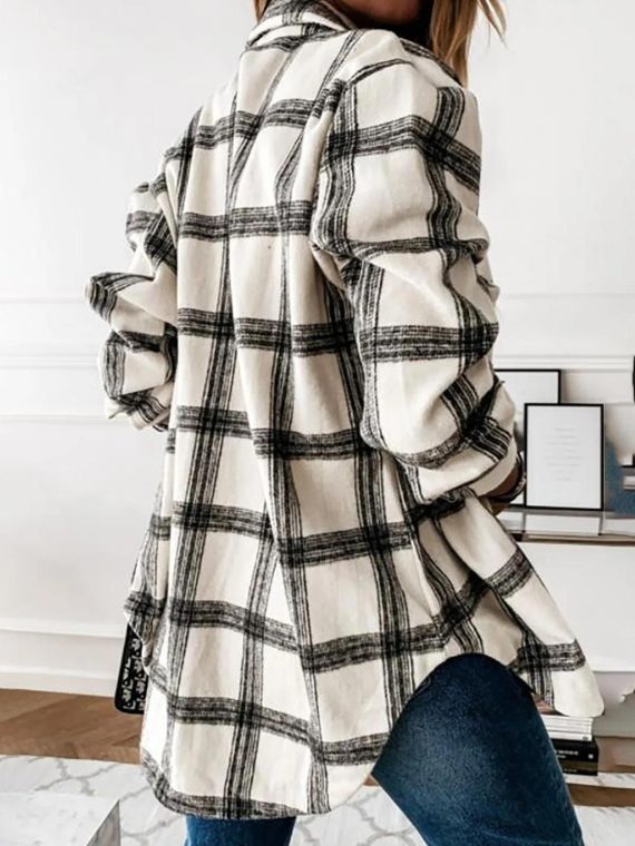 Black Casual Collared Plaid Long Sleeve Jacket - Image 2