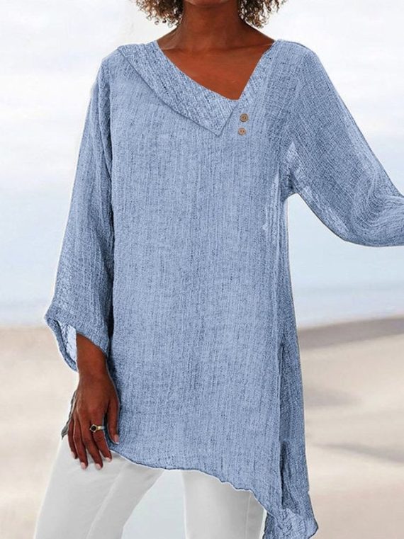 Blue Casual V Neck Solid Long Sleeve Blouse