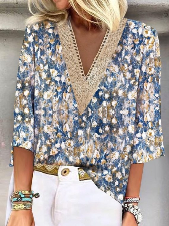 Casual V-neck 3/4 Sleeve Random Printed Blouse
