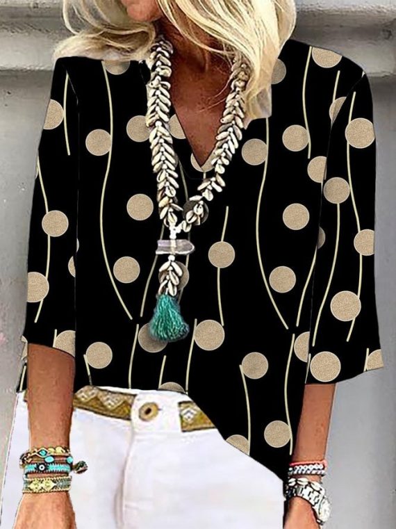 Casual V-neck Polka Dot Printed 3/4 Sleeve Blouse