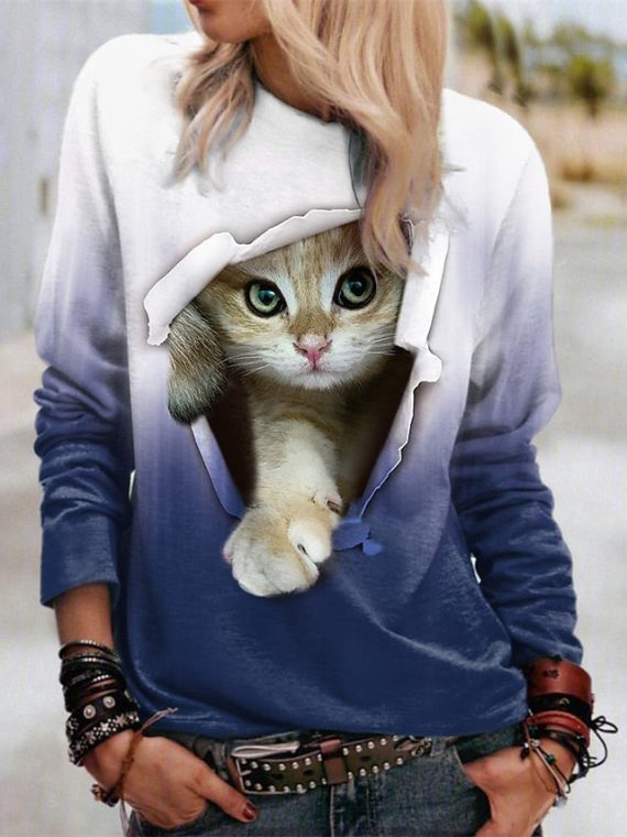Blue Cat Street Round Neck Long Sleeve Sweatshirt