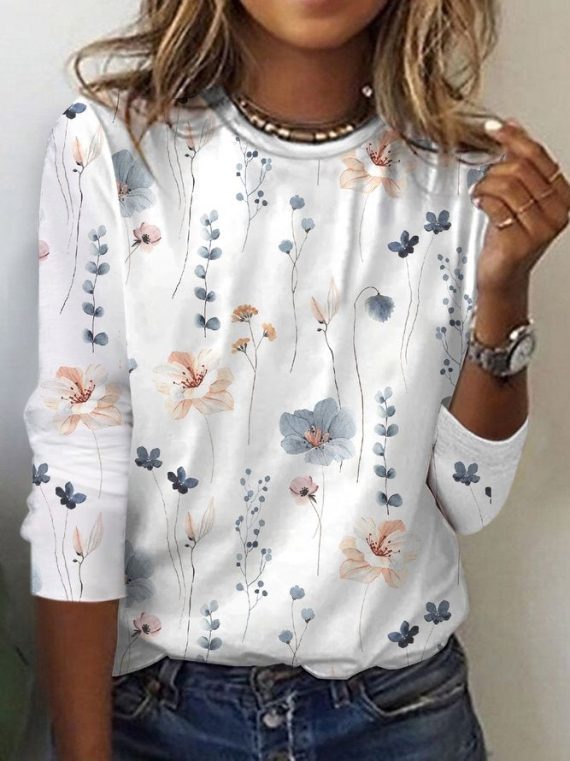 Casual Crewneck Long Sleeve Floral Printed Blouse