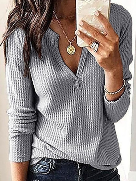 Casual Vintage Solid V-neck Long Sleeve Tops