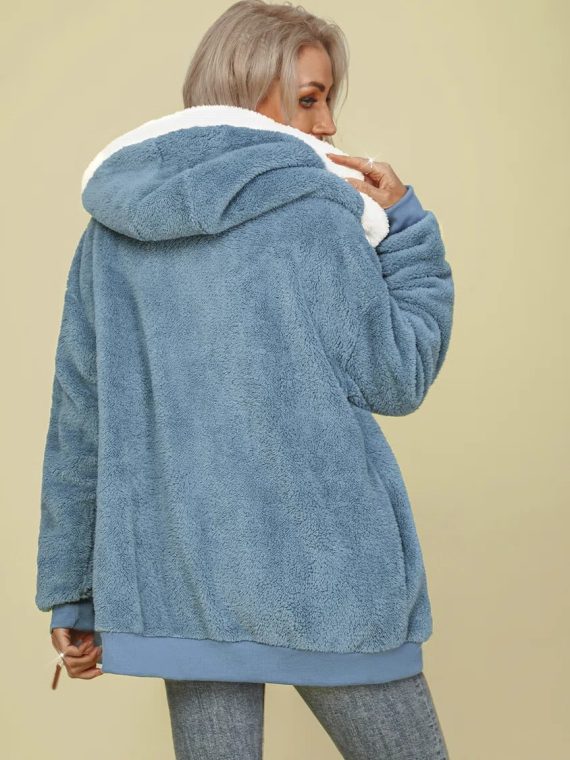 Casual Solid Color Zip-Up Warm Hooded Fleece Jacket - Image 2