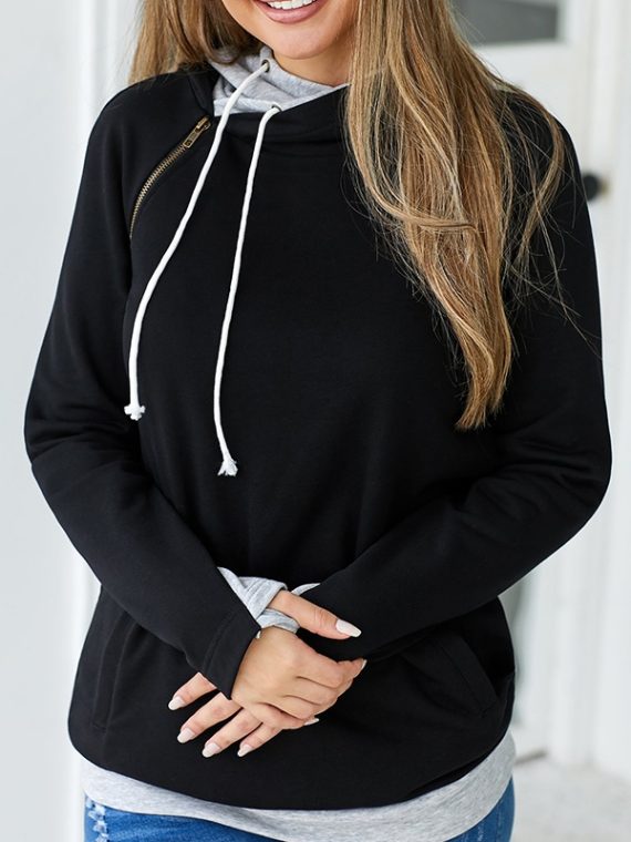 Black Solid Zipper Hoodie Sweatshirt - Image 3