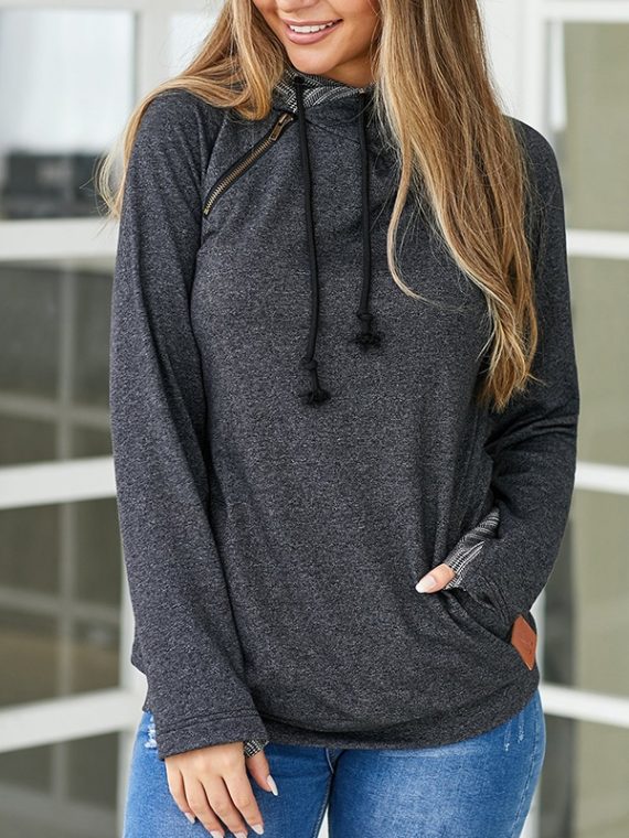 Black Solid Zipper Hoodie Sweatshirt - Image 3