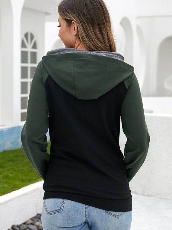 Army Green Solid Splicing Hoodie Sweatshirt - Image 2