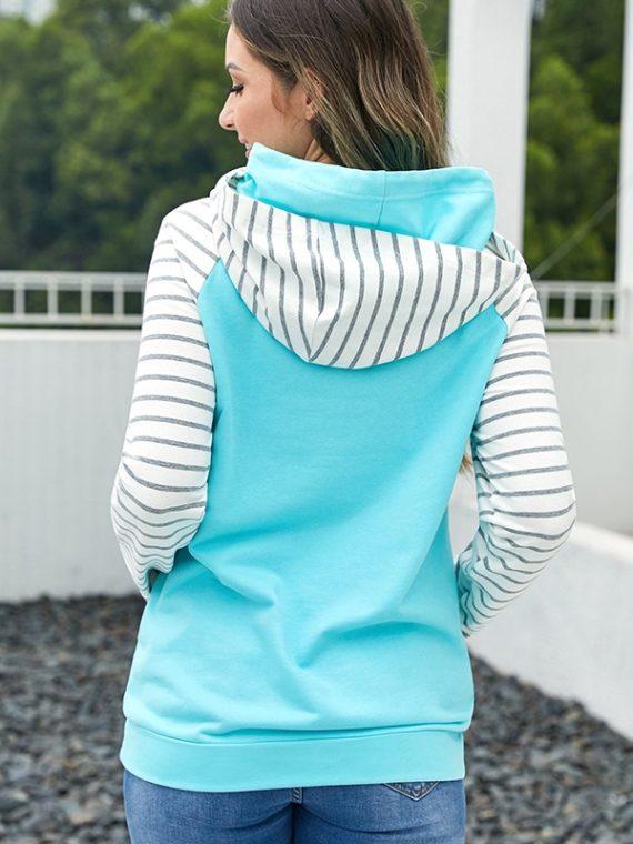 Blue Stripe Splicing Hoodie Sweatshirt - Image 3