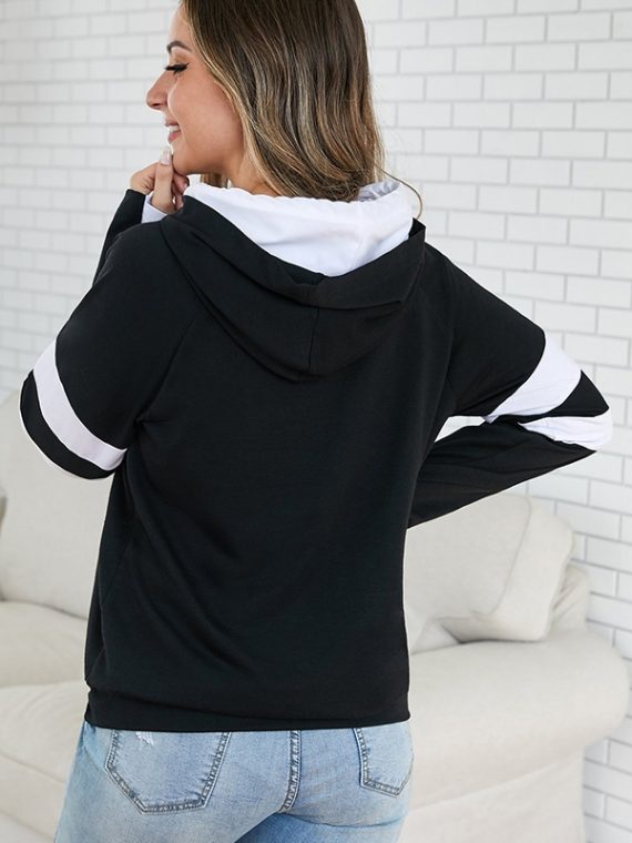 Black Elbow Patchwork Zipper Casual Hoodie Sweatshirt - Image 2