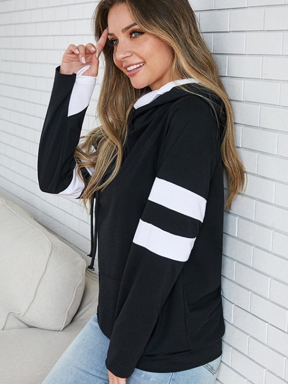 Black Elbow Patchwork Zipper Casual Hoodie Sweatshirt - Image 4