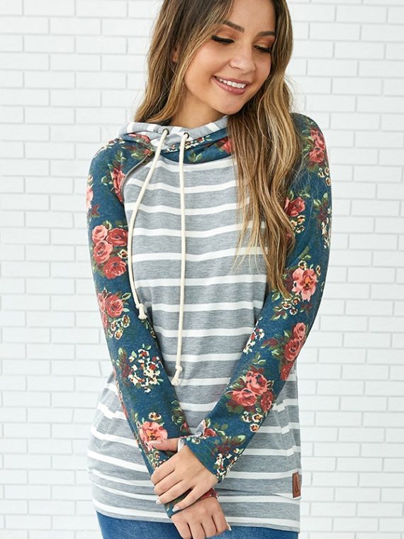 Blue Floral Stripe Splicing Casual Hoodie Sweatshirt - Image 3
