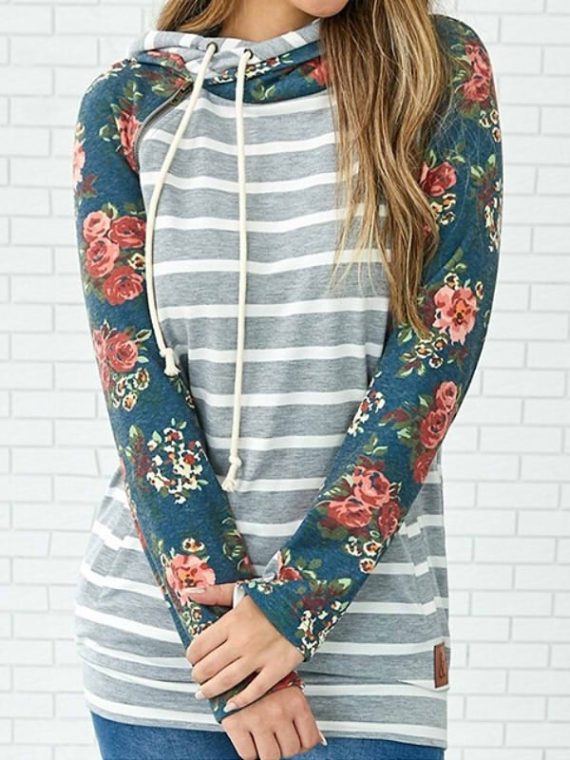 Blue Floral Stripe Splicing Casual Hoodie Sweatshirt