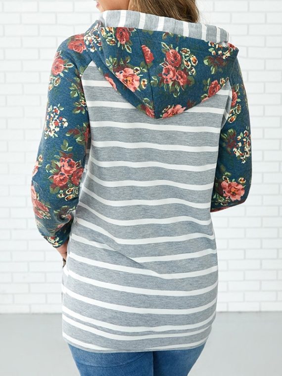 Blue Floral Stripe Splicing Casual Hoodie Sweatshirt - Image 2