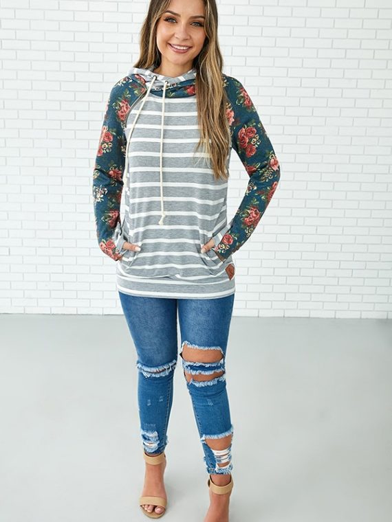 Blue Floral Stripe Splicing Casual Hoodie Sweatshirt - Image 4
