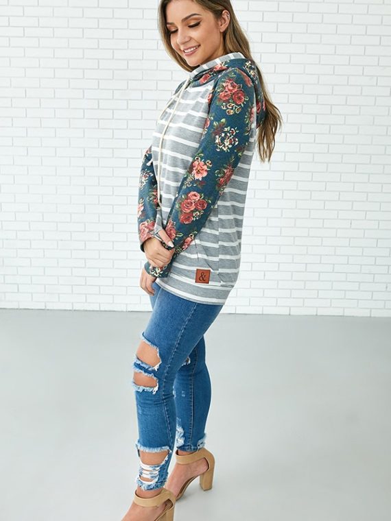 Blue Floral Stripe Splicing Casual Hoodie Sweatshirt - Image 5