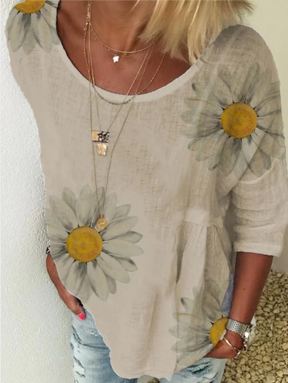 Casual Sunflower Printed Round Neck Blouse - Image 4