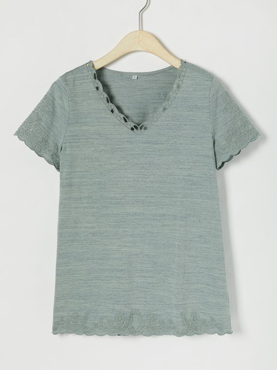 Artisan Gold Solid Embroidery V-neck Short Sleeve T-shirts - Image 9