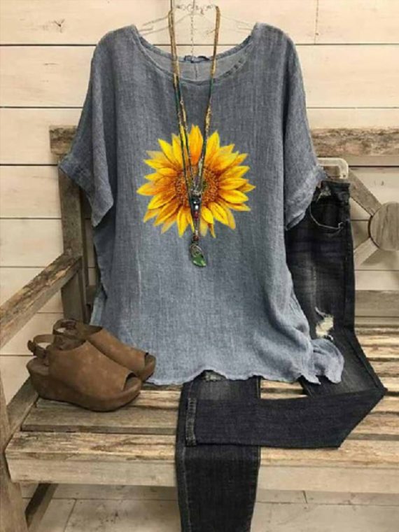 Casual Crew Neck Half Sleeve Gray Shirt & Top