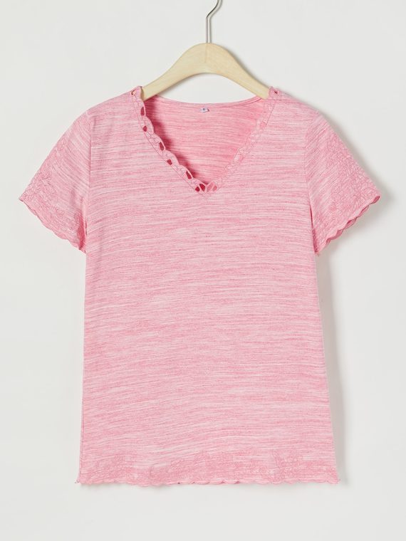 Artisan Gold Solid Embroidery V-neck Short Sleeve T-shirts - Image 10