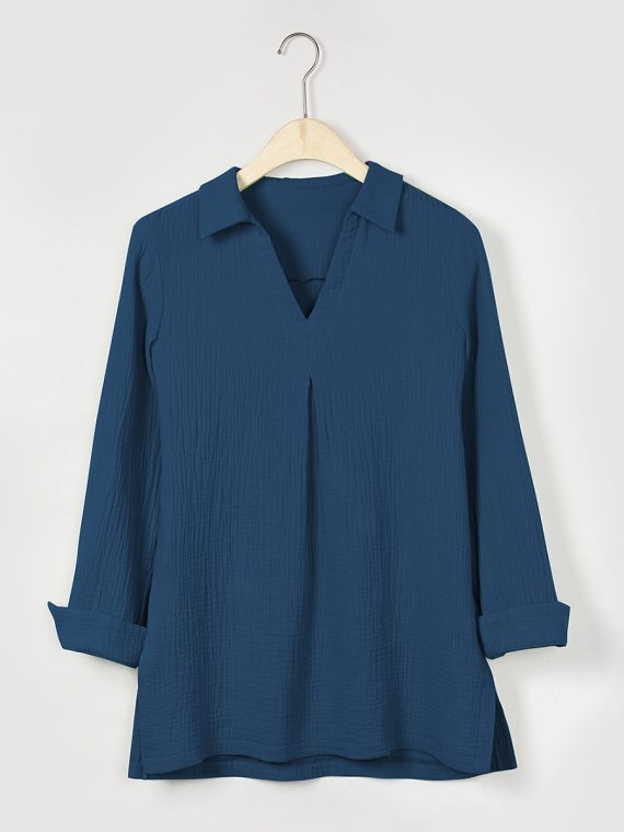 Solid Casual V-neck Margarita Long Sleeve Shirt