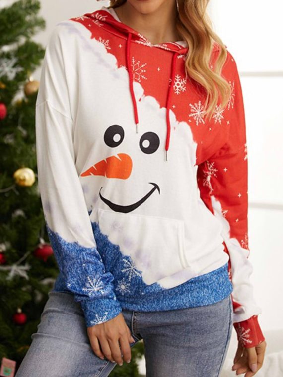 Casual Graphic Tops Orange Long Sleeve Snowman Smiley Printed Hoodies - Image 3