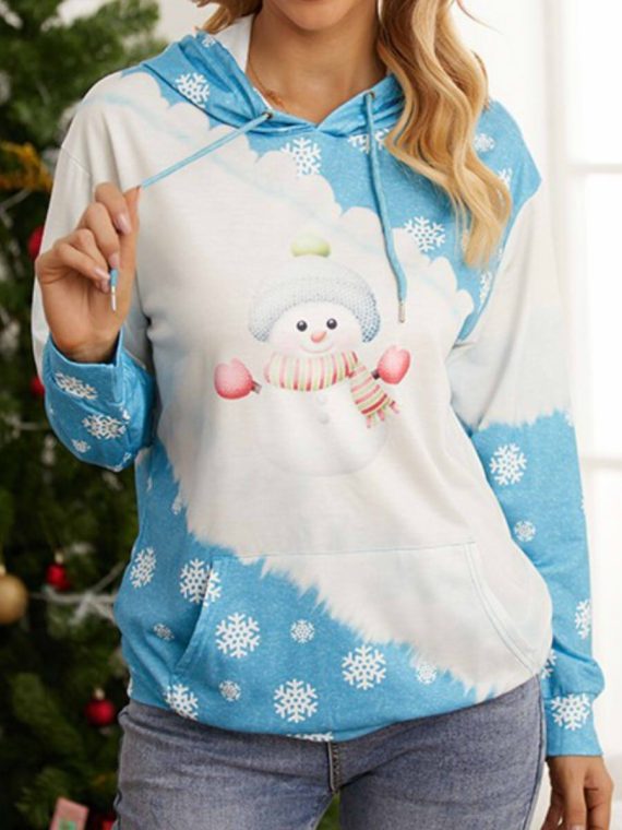 Blue Casual Graphic Tops Long Sleeve Snowman Printed Hoodies - Image 2
