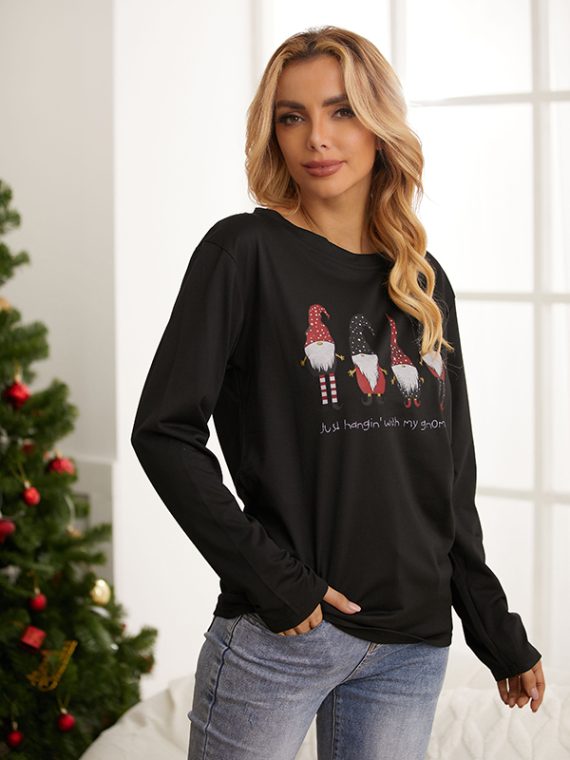 Cute Casual Graphic Tops Round Neck Long Sleeve Gnomes Printed Sweatshirts - Image 7