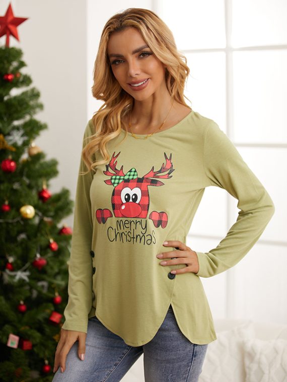 Cute Casual Graphic Tops Round Neck Long Sleeve Deer Printed Sweatshirts With Buttons - Image 7