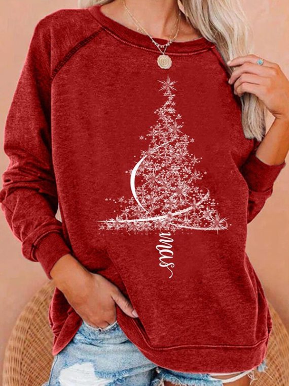 Casual Graphic Tops Round Neck Long Sleeve Christmas Tree Printed Sweatshirts