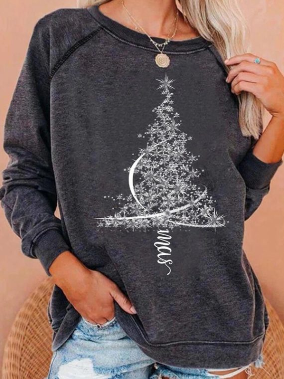 Casual Graphic Tops Round Neck Long Sleeve Christmas Tree Printed Sweatshirts - Image 3