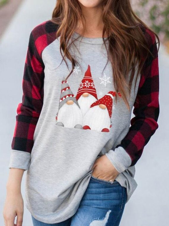 Casual Graphic Tops Round Neck Long Sleeve Plaid Christmas Gnomes Printed Sweatshirts - Image 2