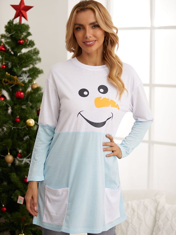 Blue Casual Graphic Tops Round Neck Long Sleeve Snowman Face Printed Sweatshirt - Image 6