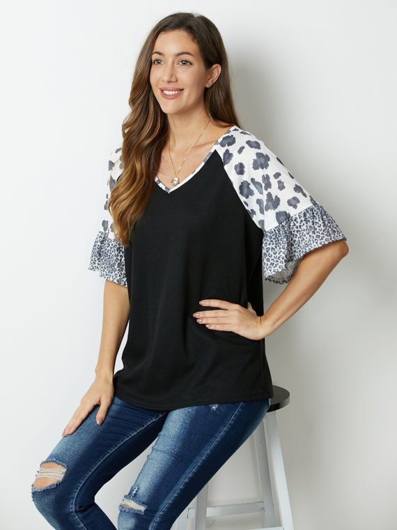 Black Leopard Print Patchwork V-neck Half Sleeve Blouse