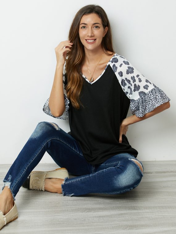 Black Leopard Print Patchwork V-neck Half Sleeve Blouse - Image 2
