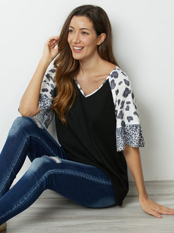 Black Leopard Print Patchwork V-neck Half Sleeve Blouse - Image 3