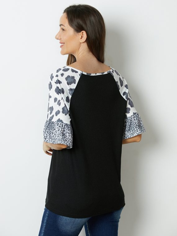 Black Leopard Print Patchwork V-neck Half Sleeve Blouse - Image 4