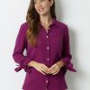 Hollyhock Solid with Buttons Bowknot Lapel Long Sleeve Blouse - Image 3