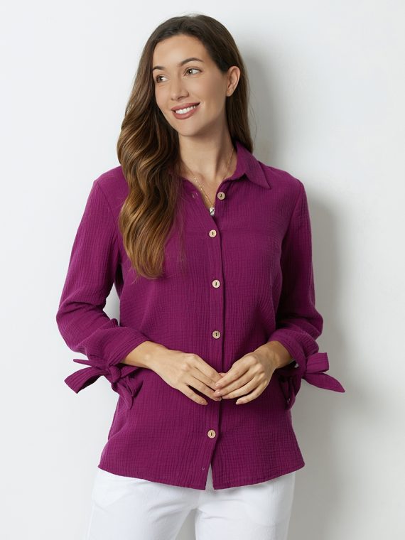 Hollyhock Solid with Buttons Bowknot Lapel Long Sleeve Blouse - Image 3