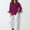 Hollyhock Solid with Buttons Bowknot Lapel Long Sleeve Blouse - Image 2